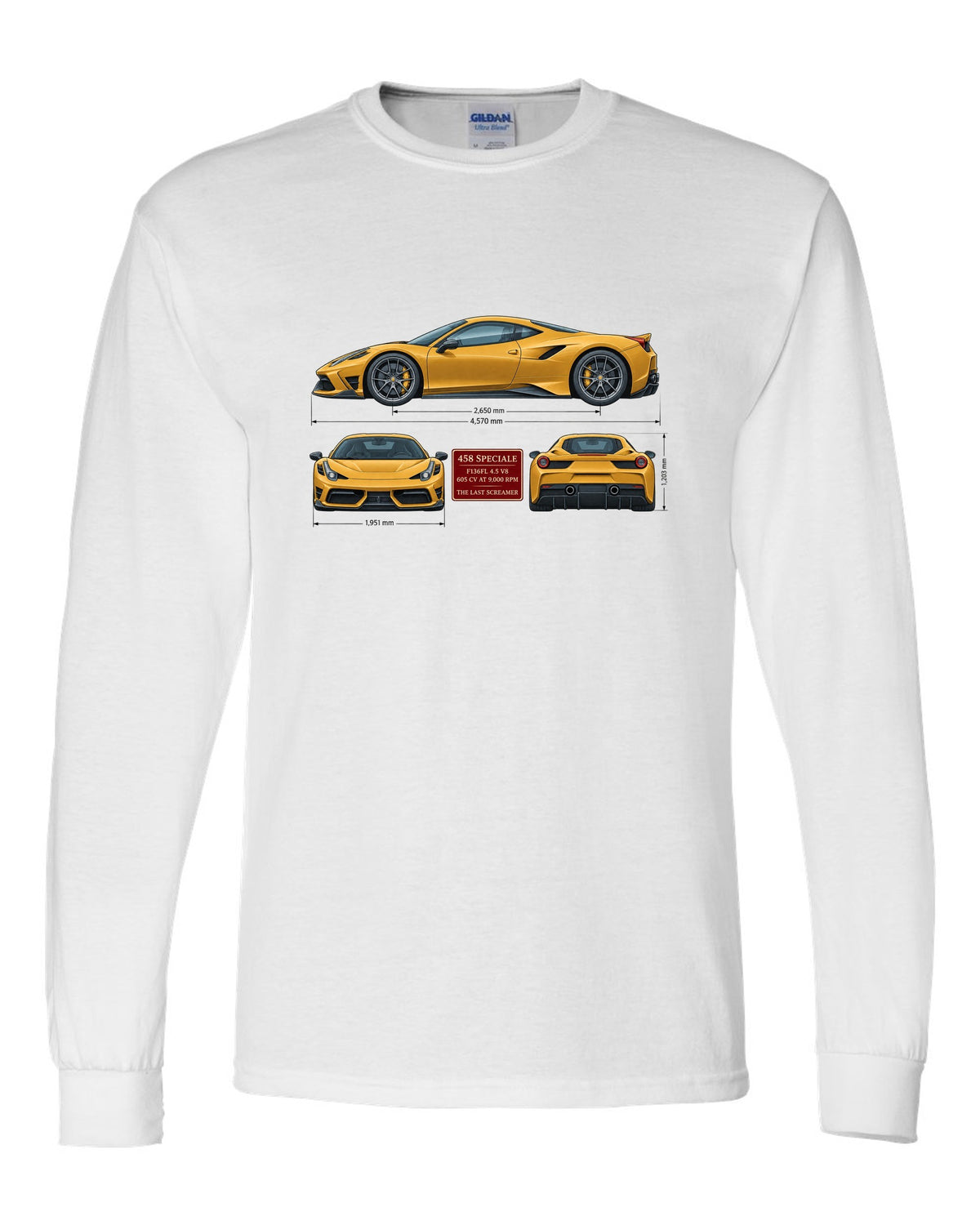 Three-view spec table print of the Ferrari 458 Speciale in ochre white long sleeve front view with the design