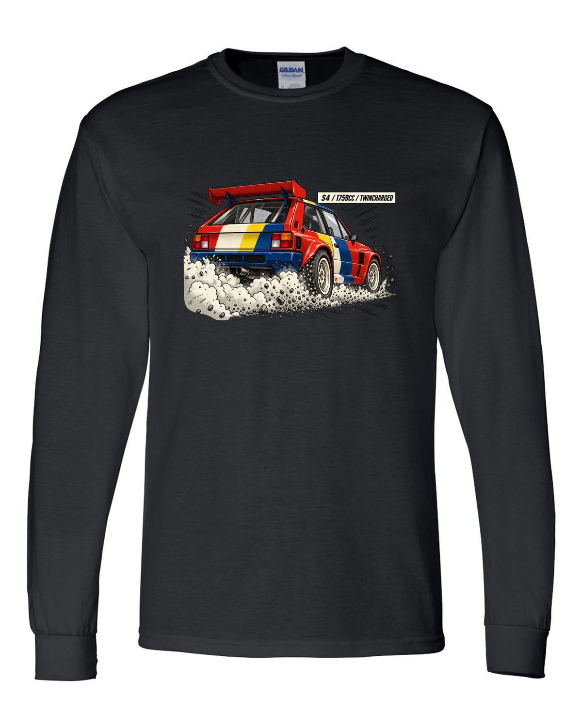 Retro manga halftone panel of the rear of a Lancia Delta S4 with twincharged lettering black long sleeve front view with the design