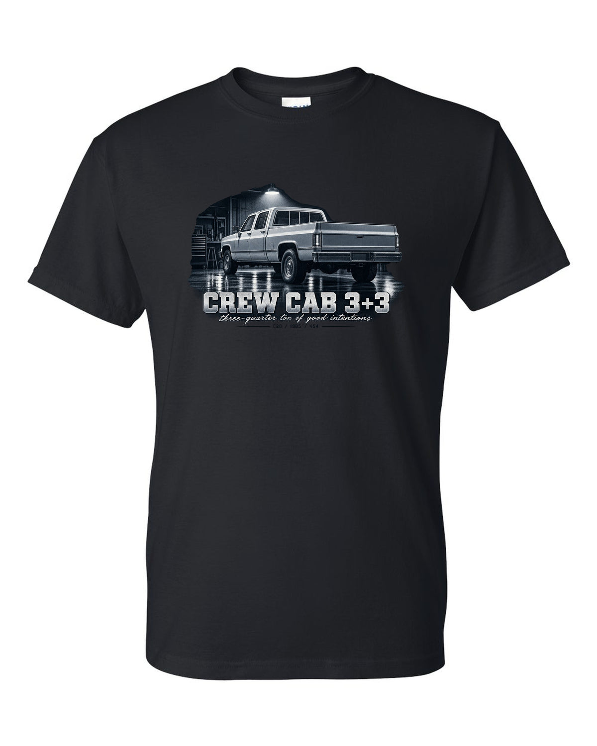 1985 C20 Squarebody crew cab in a garage night scene, print black t-shirt front view with the design