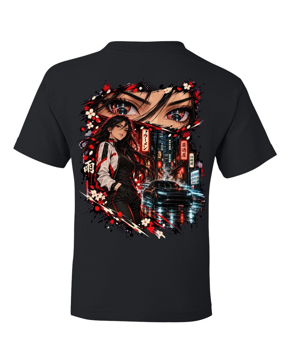 Tesla Model S Plaid Anime Girl Kids Tee Black back
