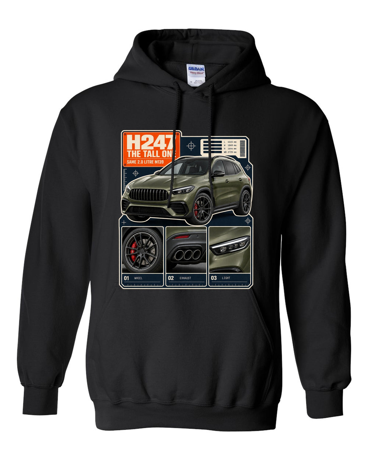 Mercedes-AMG GLA 45 S H247 dossier panel print black pull over hoodie front view with the design