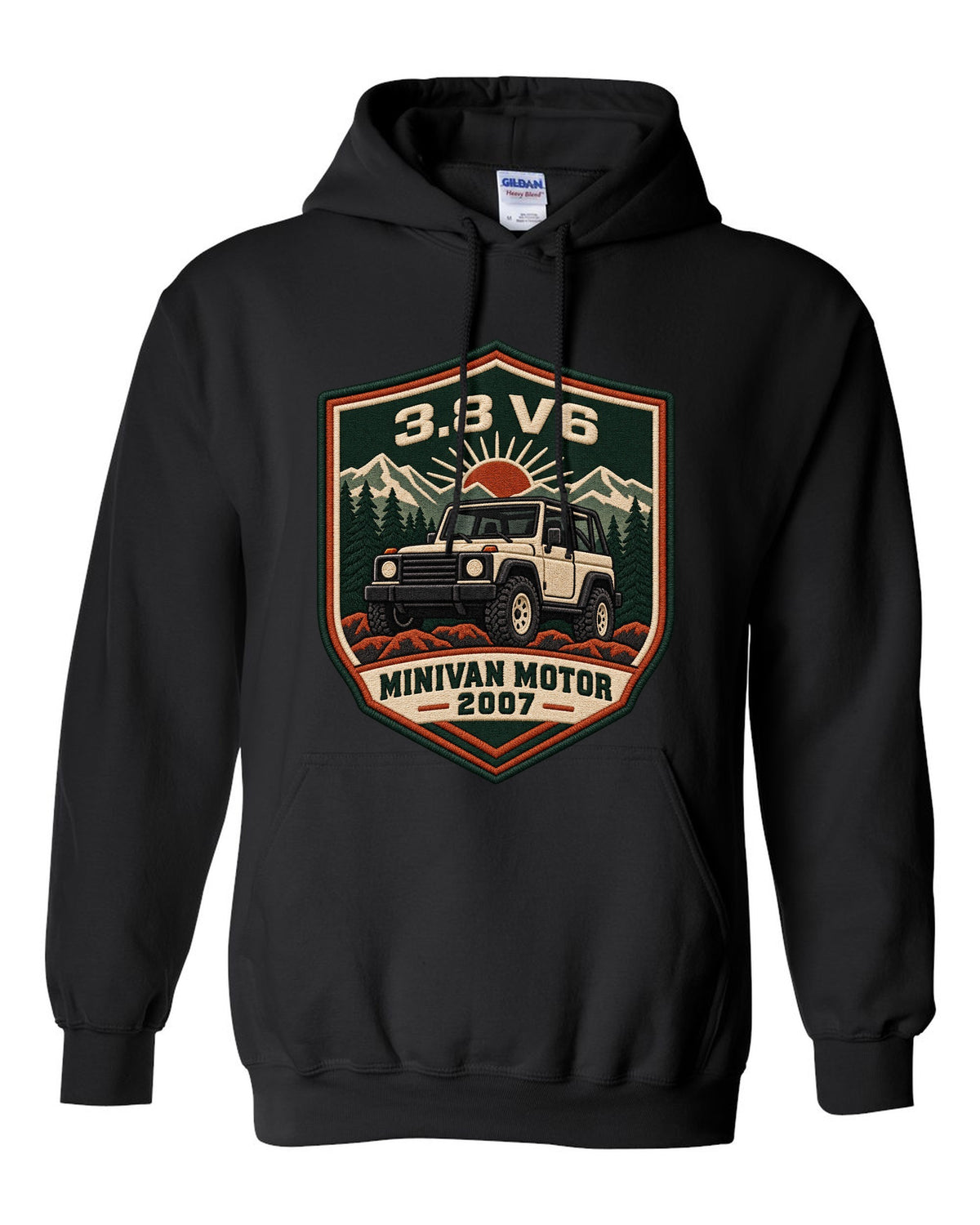 Jeep Wrangler JK varsity crest design with 3.8 V6 minivan motor 2007 text black pull over hoodie front view with the design