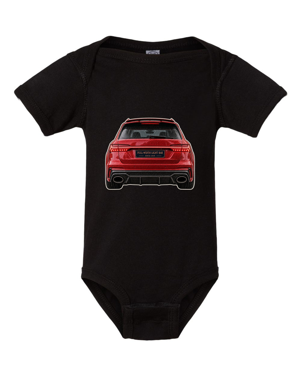 Close-up print of the full-width taillight bar on an Audi RS6 Avant C8 black baby onesie front view with the design