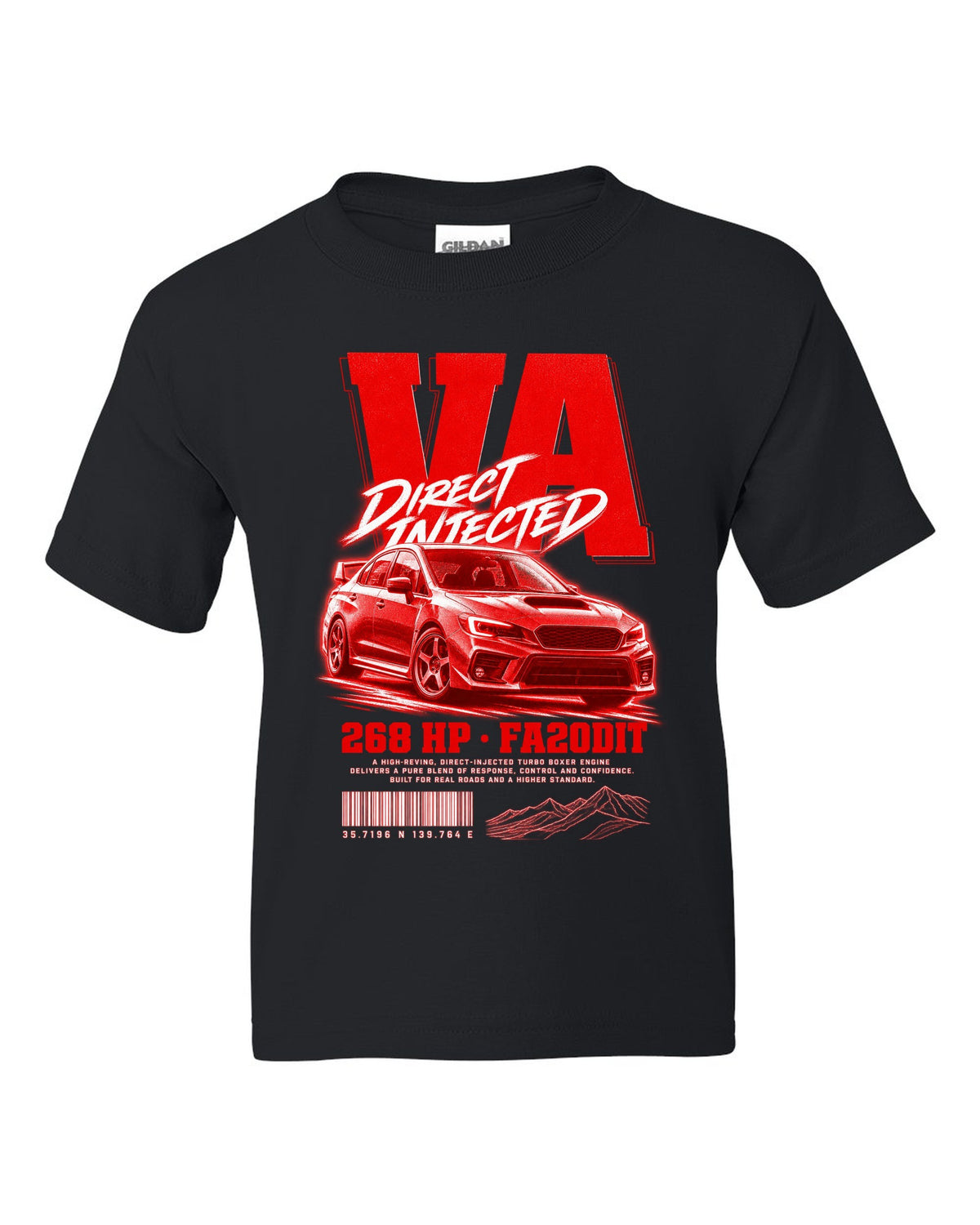 Street poster print for the Subaru WRX VA reading Direct Injected, 268 HP, FA20DIT black kids tee front view with the design