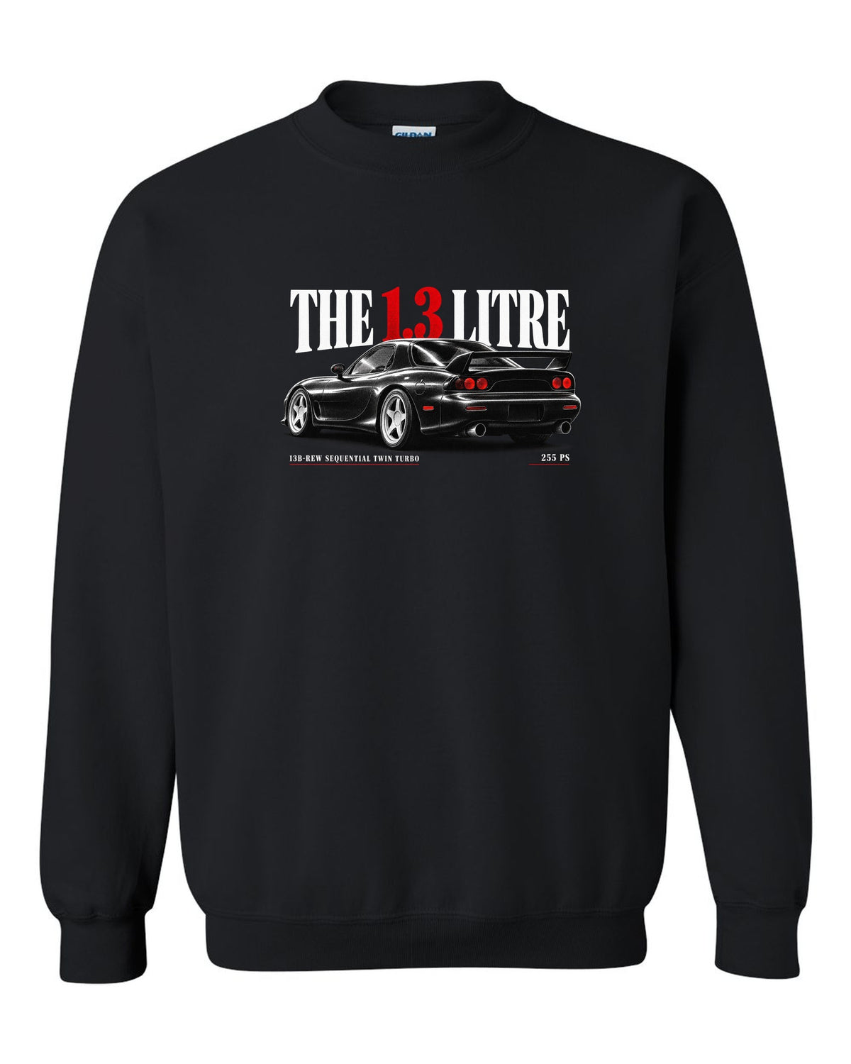 Editorial headline print for the 1992 Mazda RX-7 FD3S with 13B-REW sequential twin turbo and 255 PS black crewneck front view with the design