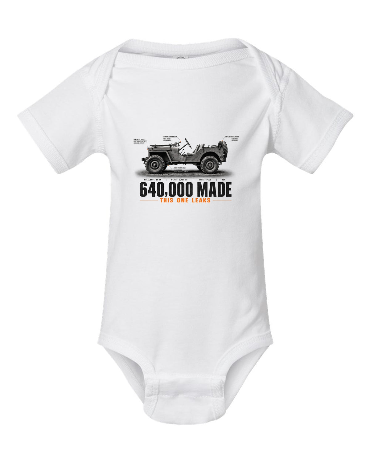 Spec poster print for the Willys MB and Ford GPW, 640,000 made white baby onesie front view with the design