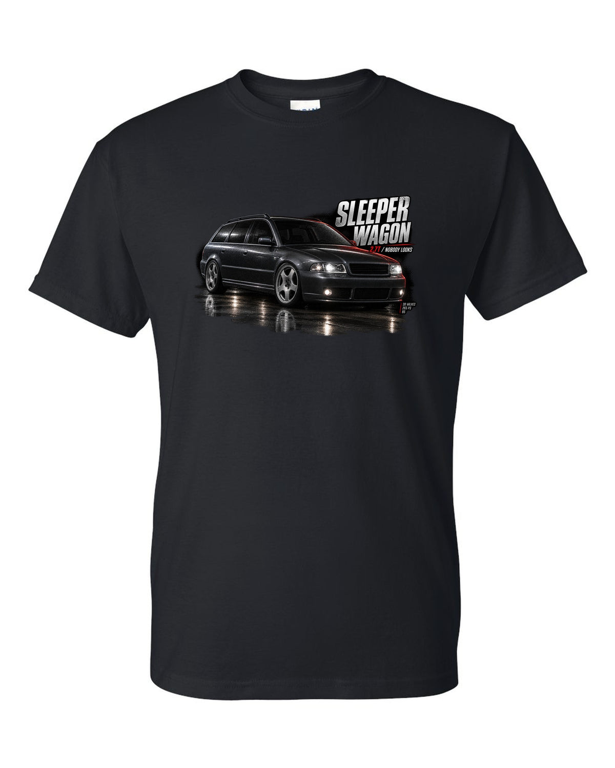 Audi S4 B5 Avant front three-quarter in garage with sleeper wagon 2.7T text black t-shirt front view with the design