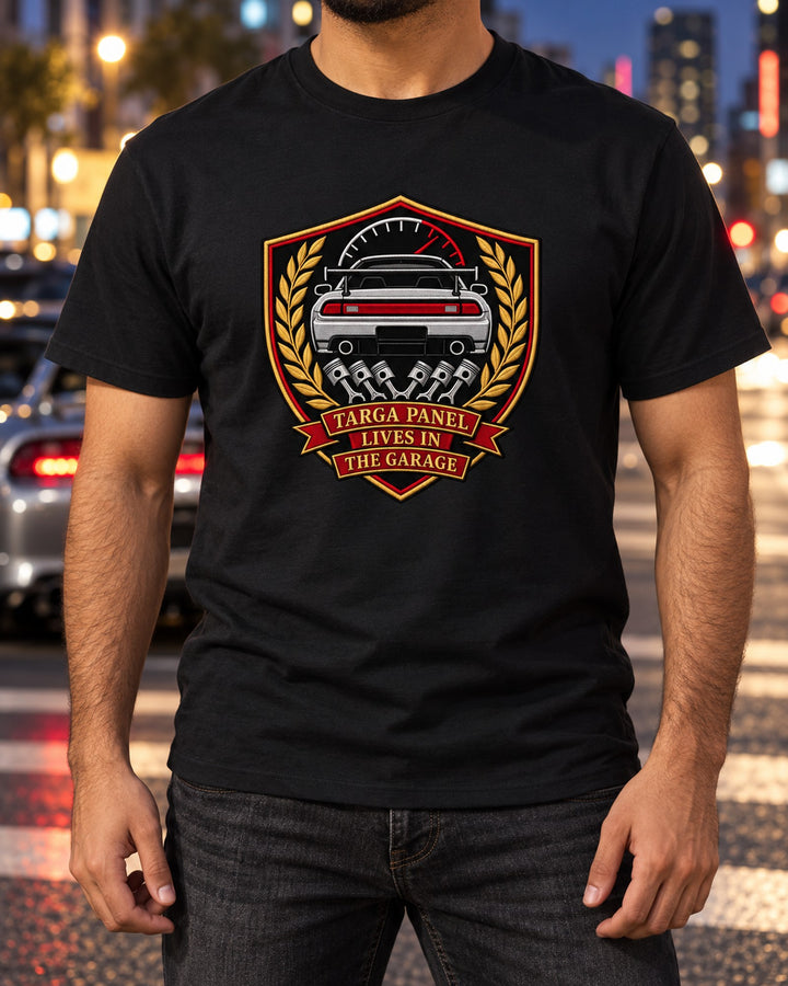 Toyota Supra A80 Targa Panel Lives in the Garage Crest Shirt T-Shirt Black worn hero