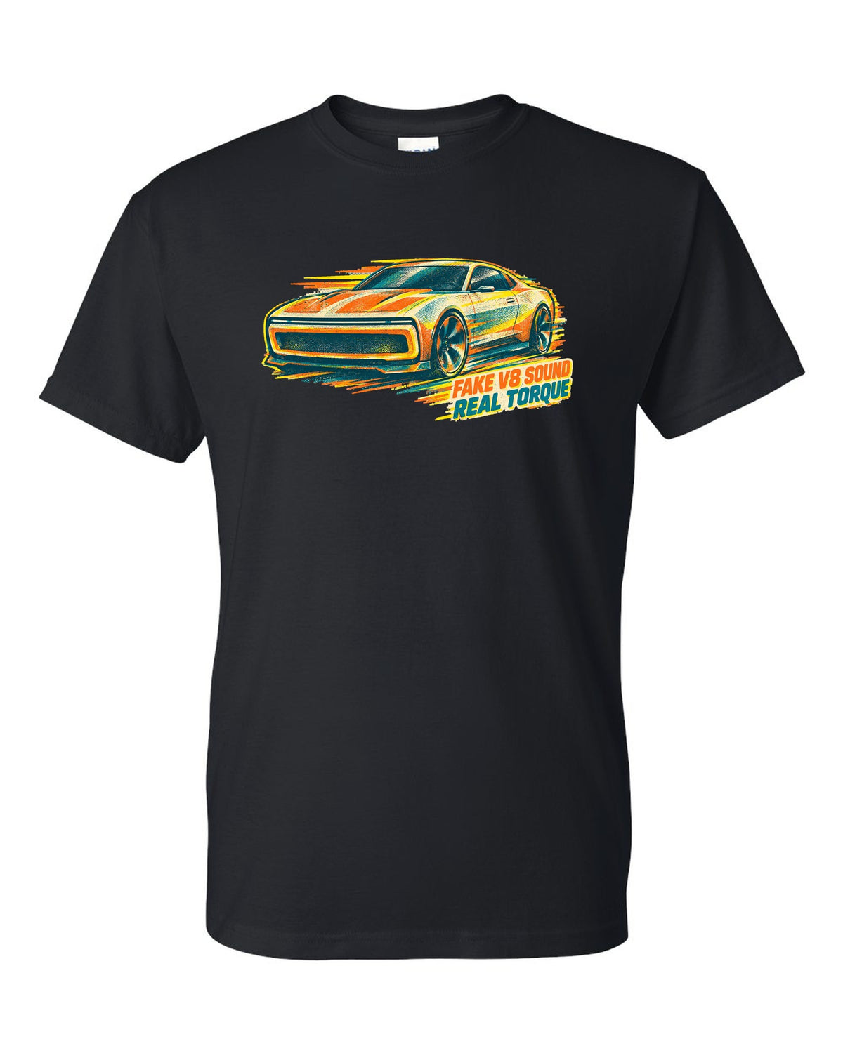 Risograph duotone illustration of a 2024 Dodge Charger Daytona EV black t-shirt front view with the design
