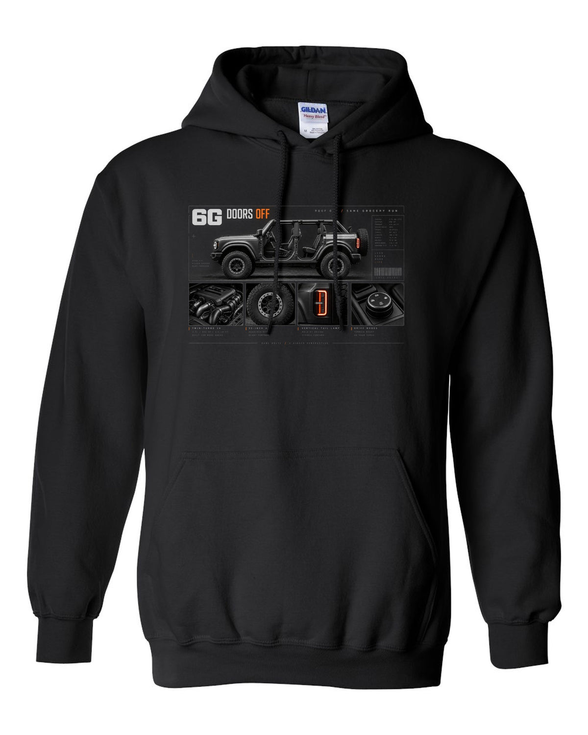 Ford Bronco 6G four-door dossier panel print with doors off, roof off text black pull over hoodie front view with the design