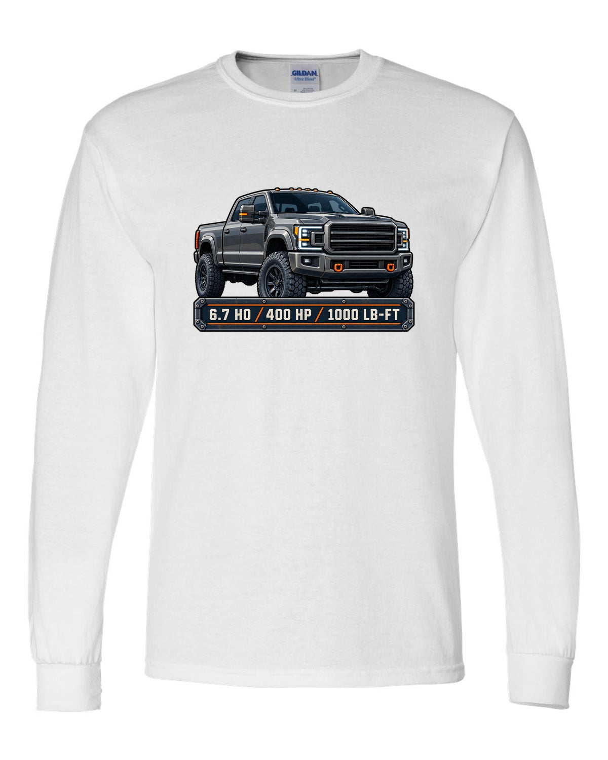 Spec-sheet data plate print for a 2019-2024 Ram HD 2500 crew cab with 6.7 HO 400 HP 1000 lb-ft text white long sleeve front view with the design