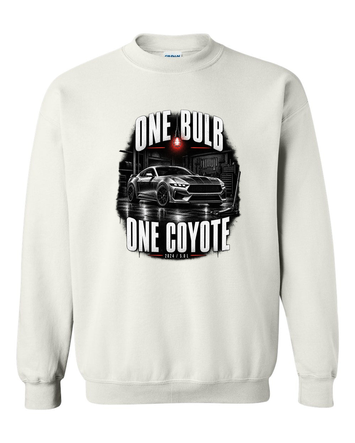 Ford Mustang S650 GT coupe in a dimly lit garage, one bulb one Coyote print white crewneck front view with the design