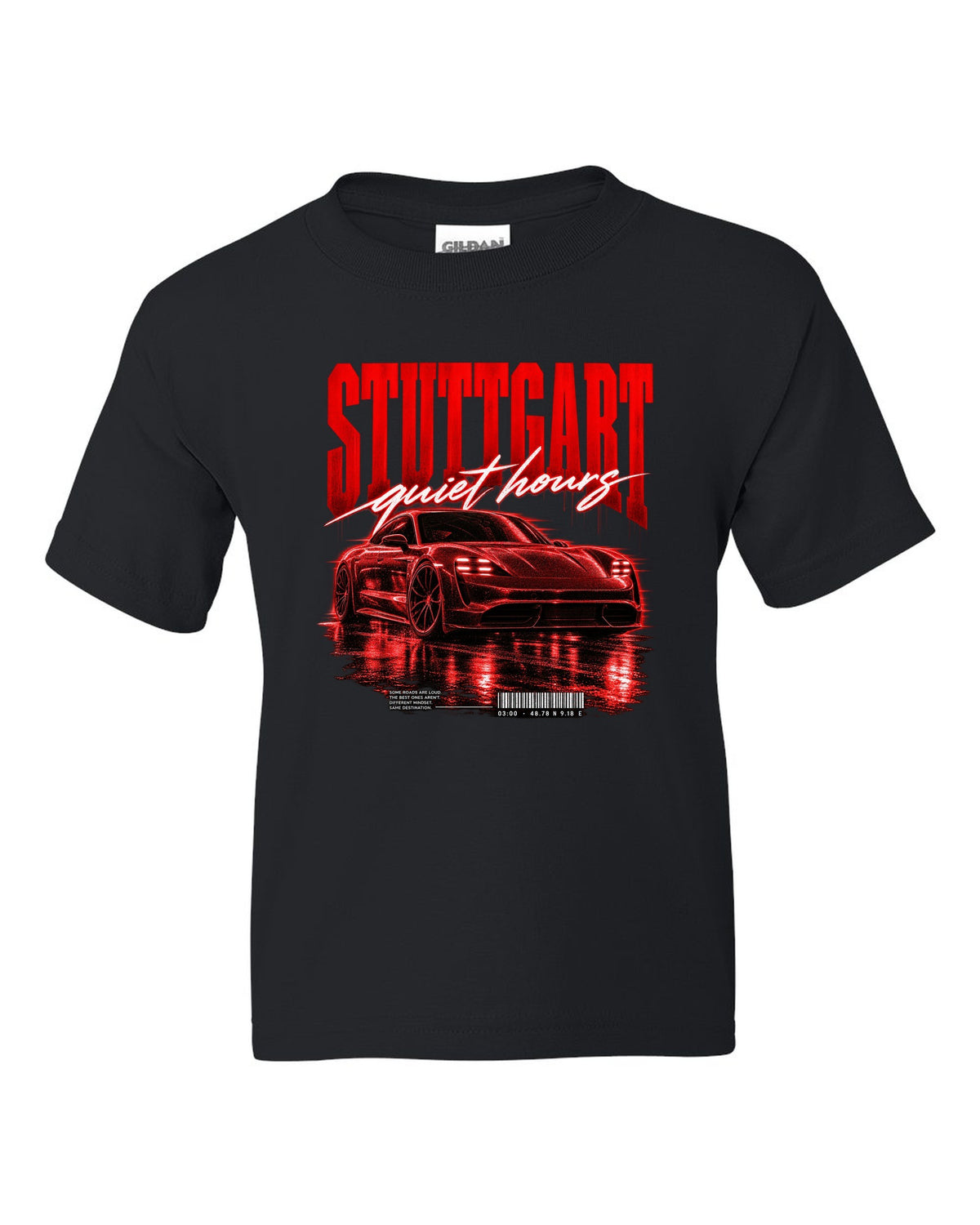 Low widebody Porsche Taycan Turbo S 9J1 street poster with Stuttgart coordinates black kids tee front view with the design