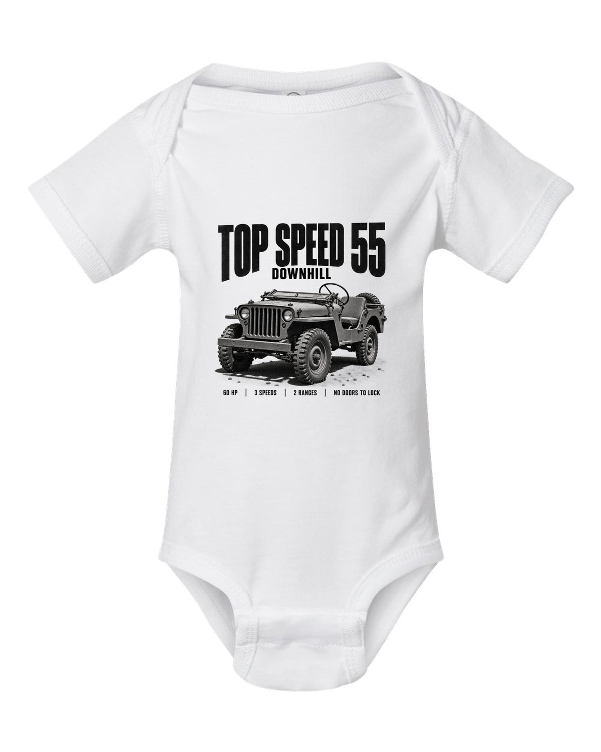 Halftone print for the Willys MB, Top Speed 55 Downhill white baby onesie front view with the design
