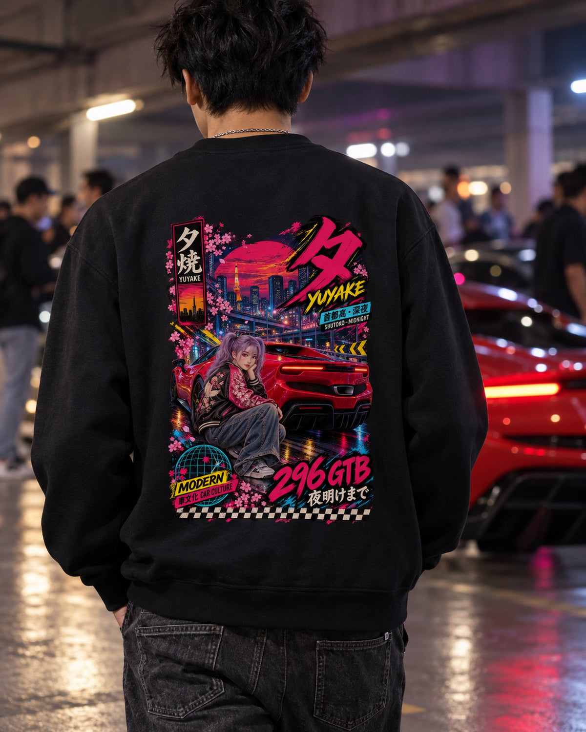 YUYAKE 296 GTB Anime Girl Full-Back Graphic Tee Crewneck Black worn hero