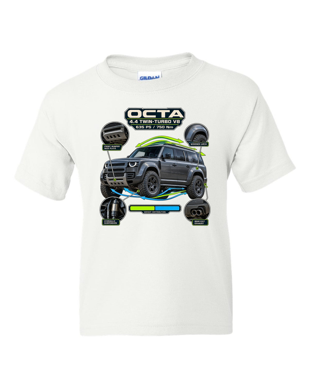 Aero callout print of the Land Rover Defender Octa with V8 power and torque figures white kids tee front view with the design