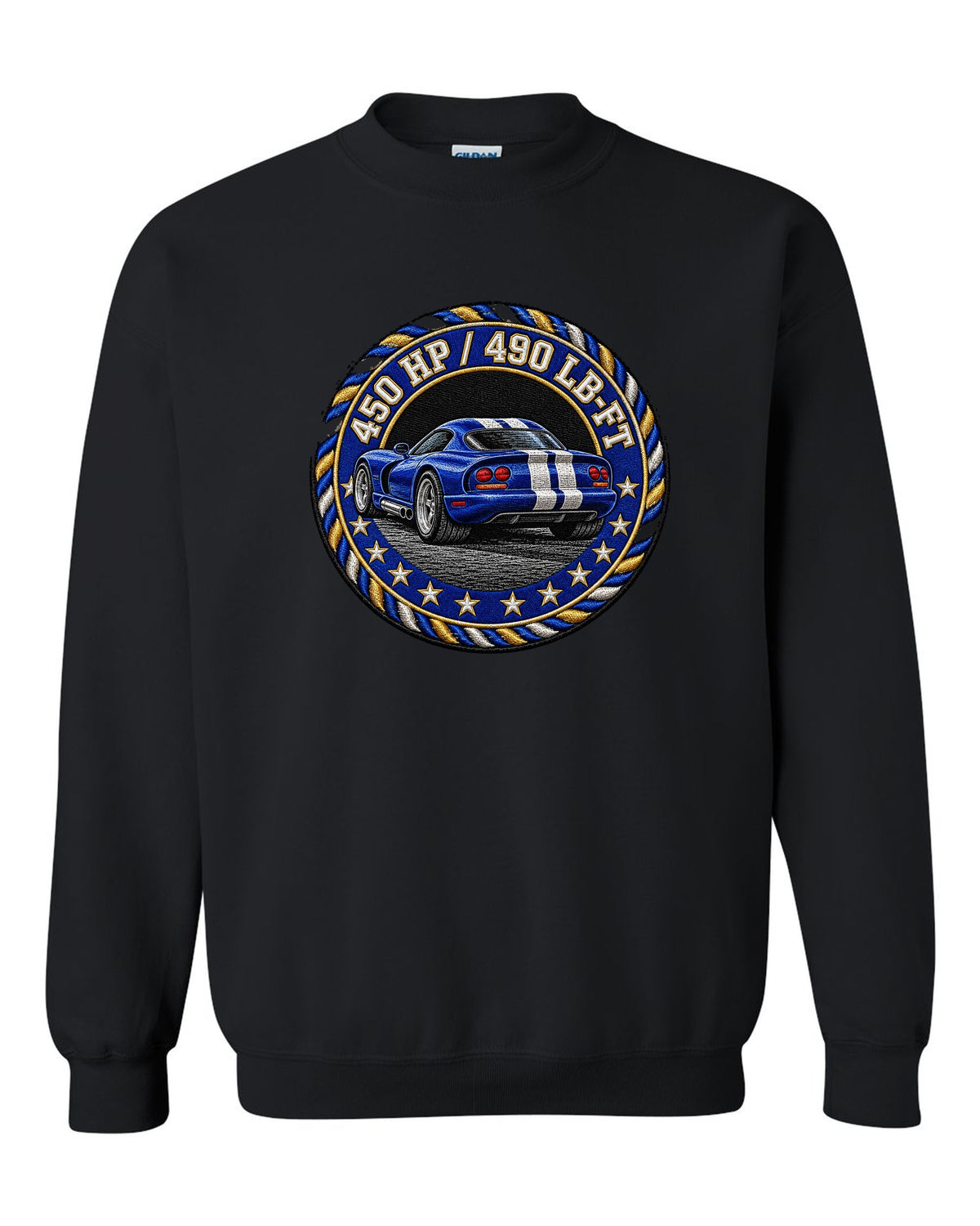 Blue embroidered varsity crest design for a 1996 Dodge Viper GTS SR II black crewneck front view with the design