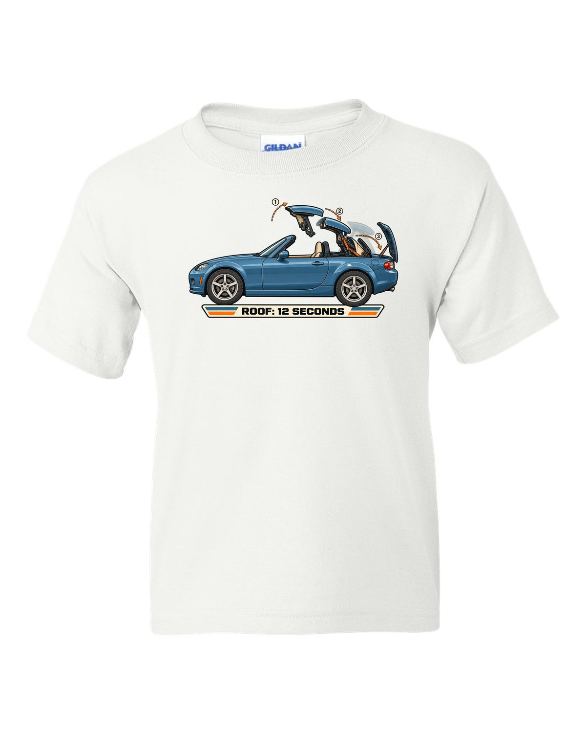 Exploded cutaway diagram of the Mazda MX-5 NC PRHT roof fold mechanism white kids tee front view with the design