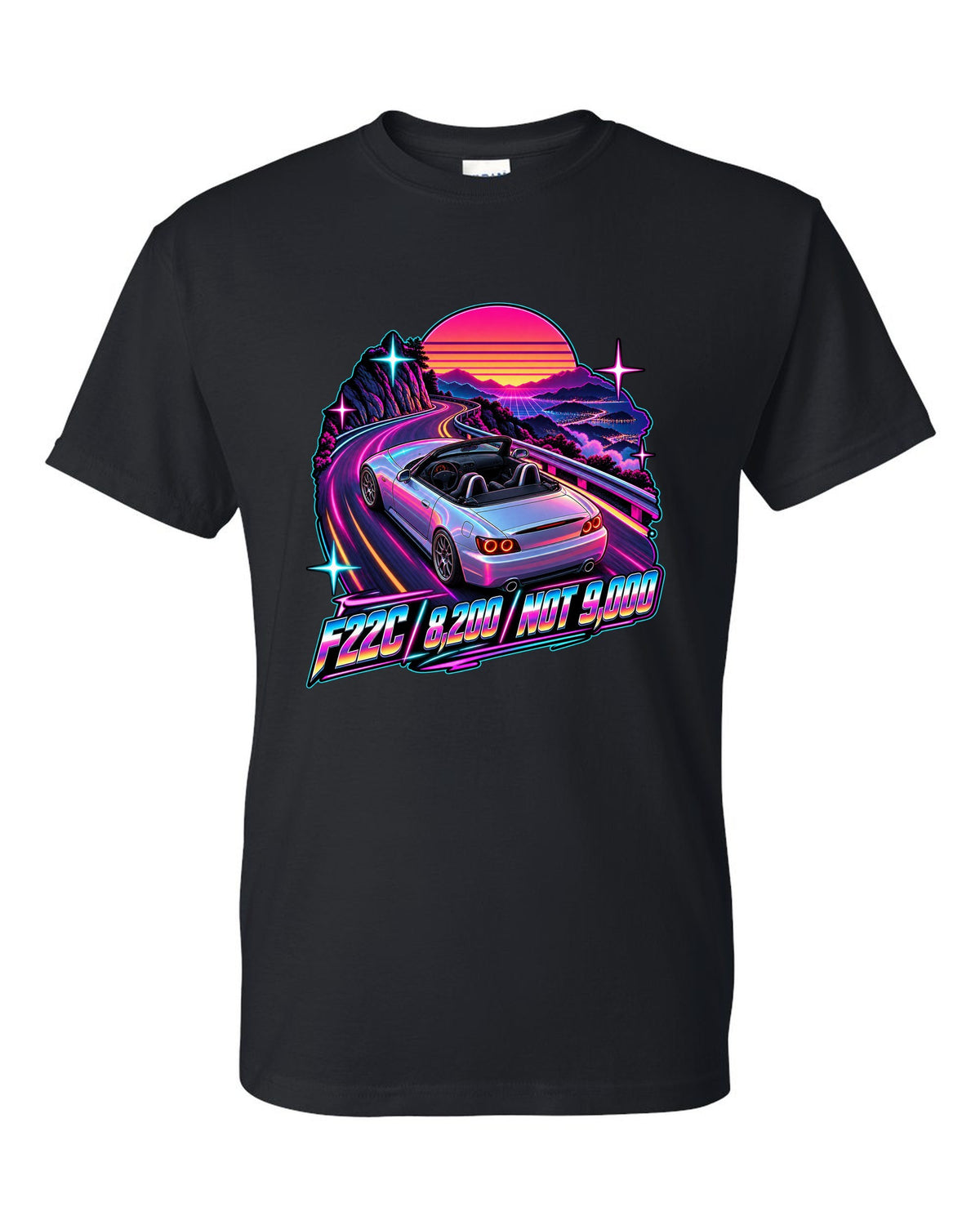 Neon synthwave print of a 2004 Honda S2000 AP2 roadster with F22C 8,200 Not 9,000 lettering black t-shirt front view with the design