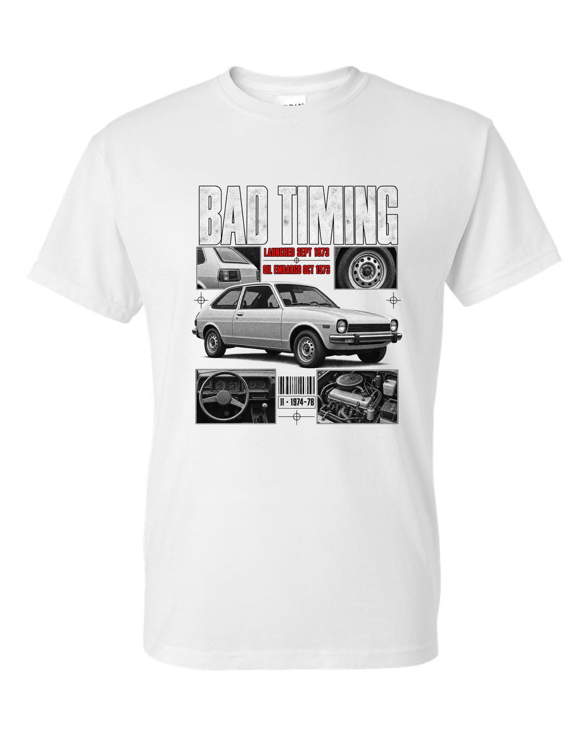 Dossier panel illustration of a 1974 Ford Mustang II chback with bad timing lettering white t-shirt front view with the design
