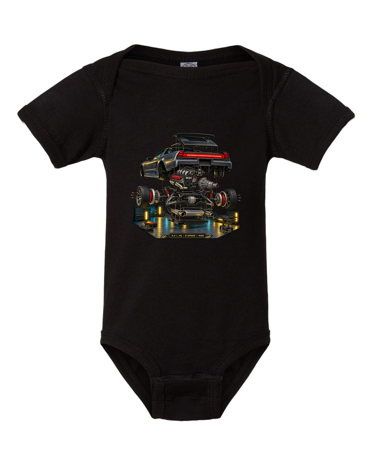 Isometric exploded diagram print of the Honda NSX NA2 with 3.2 L V6 6-speed RWD text black baby onesie front view with the design