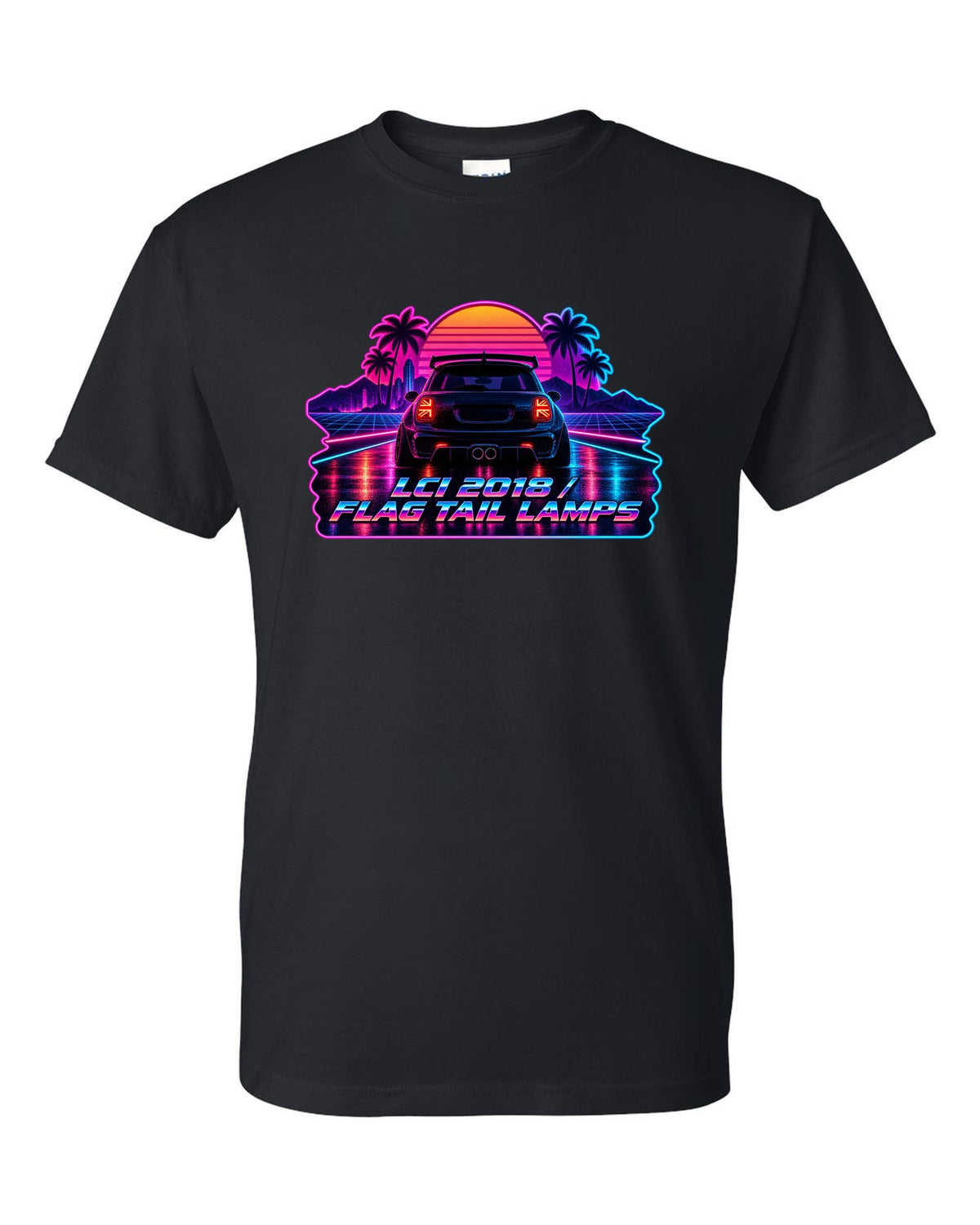 Synthwave outrun artwork of a Mini Cooper JCW F56 LCI with flag tail lamps black t-shirt front view with the design