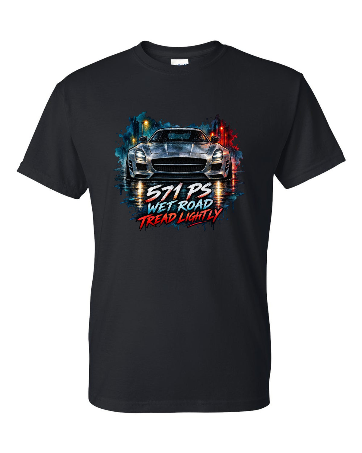 Watercolour illustration of a Mercedes SLS AMG C197 on a wet night road with 571 PS text black t-shirt front view with the design