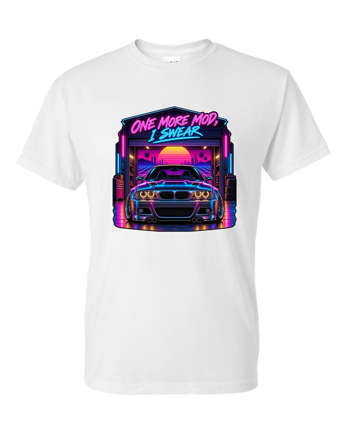 Synthwave outrun print of a BMW E46 M3 coupe with one more mod I swear text white t-shirt front view with the design