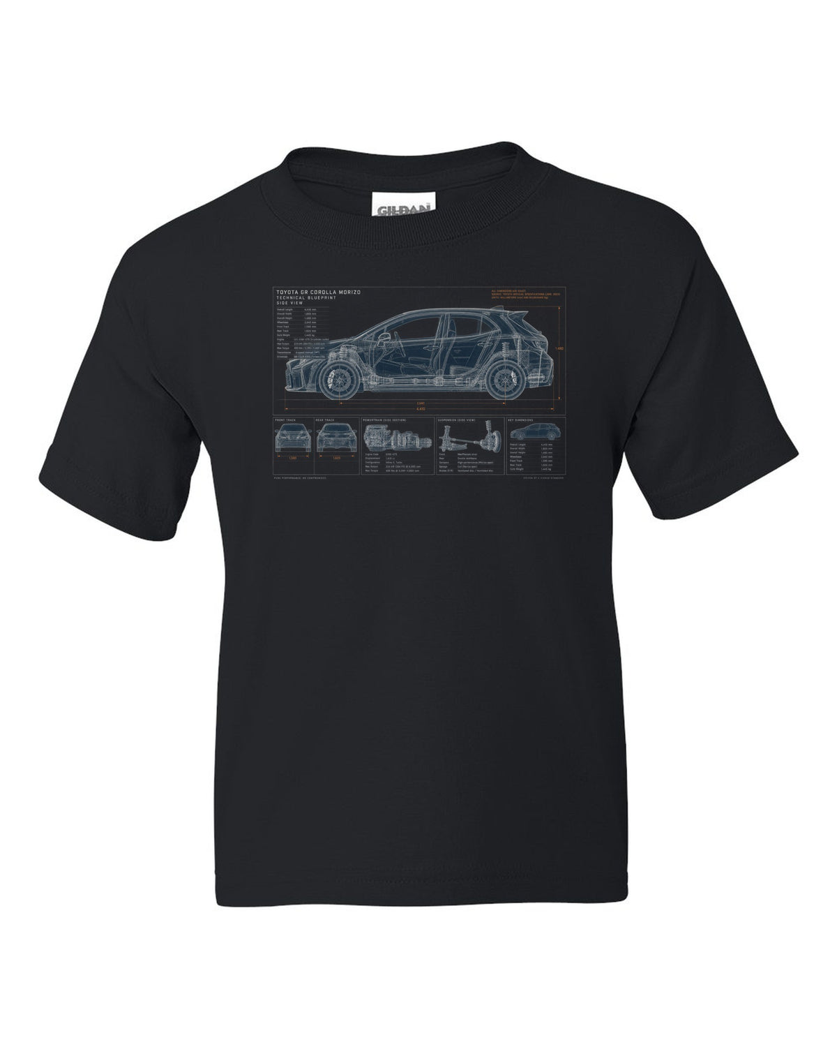 Toyota GR Yaris 2024 facelift front three-quarter with editorial headline black kids tee front view with the design