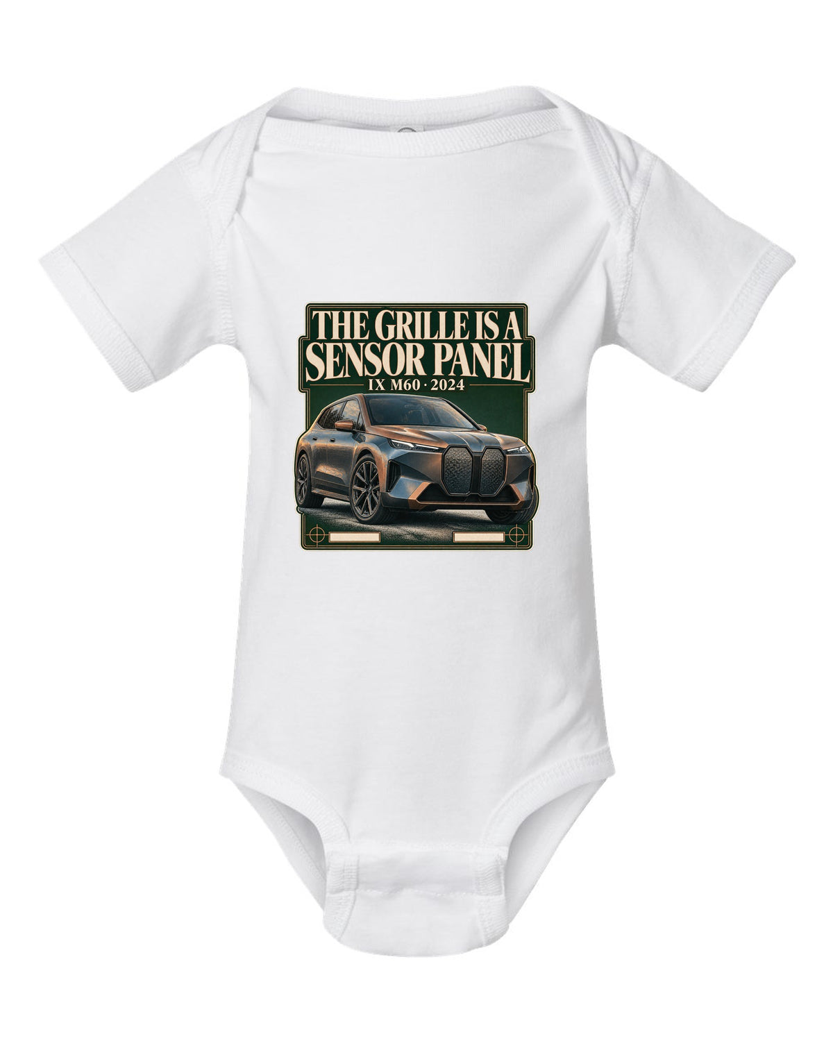 Editorial headline print for the BMW iX M60 I20 saying the grille is a sensor panel white baby onesie front view with the design