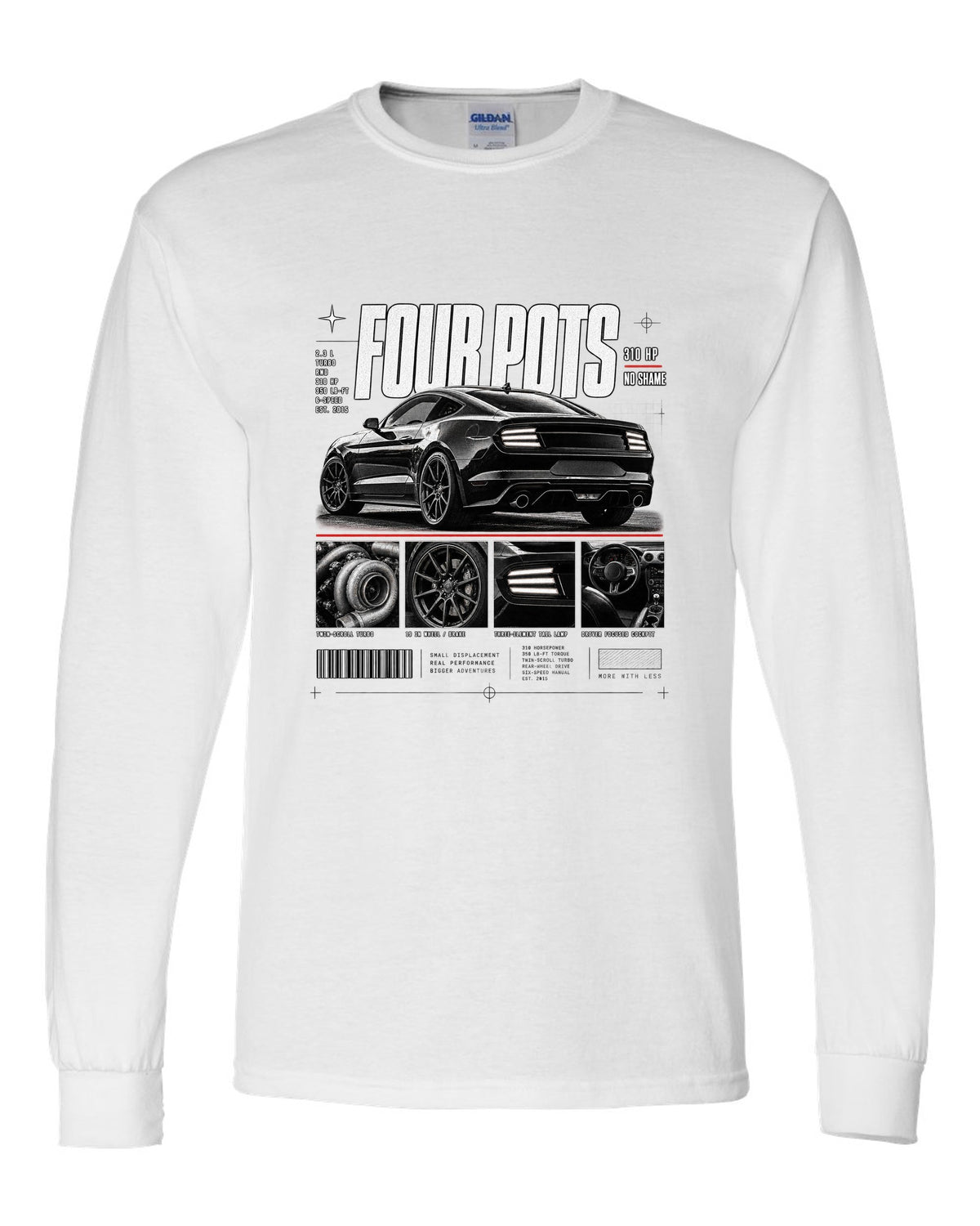 Dossier panel print of a 2015-17 Ford Mustang S550 EcoBoost fastback white long sleeve front view with the design