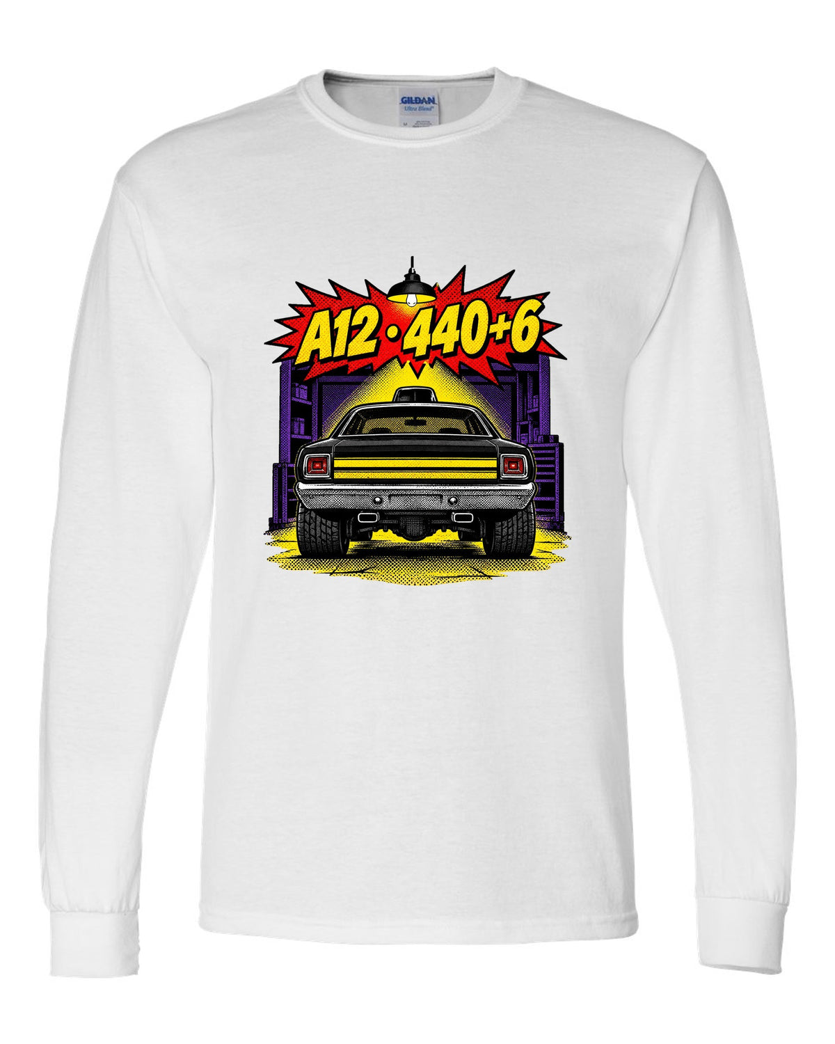 1969 Dodge Coronet Super Bee A12 comic halftone pop-art print with A12 440+6 text white long sleeve front view with the design