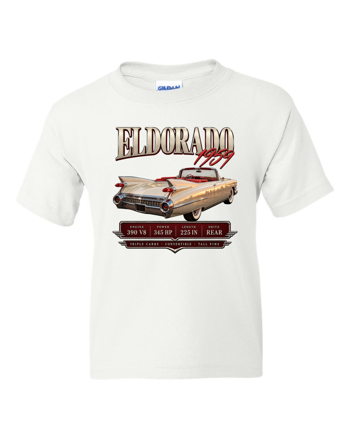 print archive panel of a 1959 Cadillac Eldorado Biarritz convertible with 390 V8 lettering white kids tee front view with the design