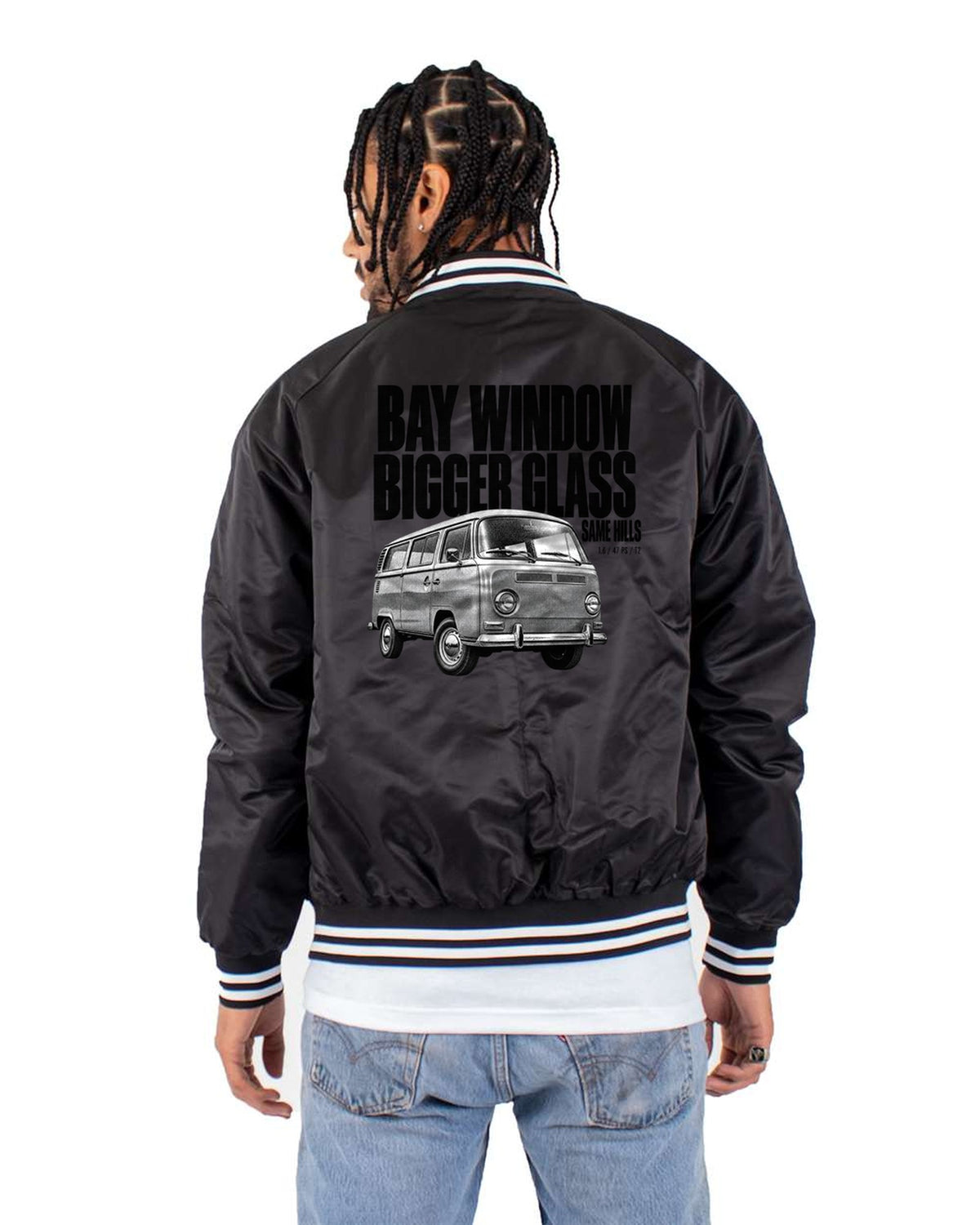VW T2 Bay Window Bus Halftone Shirt, Bigger Glass Tee Bomber Jacket Black back