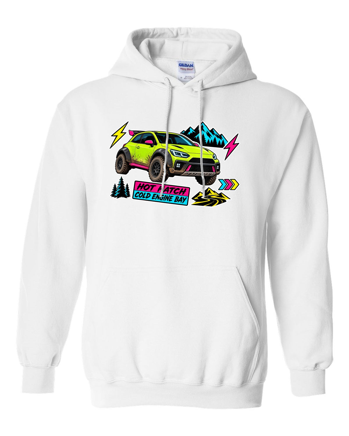 Rivian R3X die-cut slap sticker collage print with the text hot ch cold engine bay white pull over hoodie front view with the design