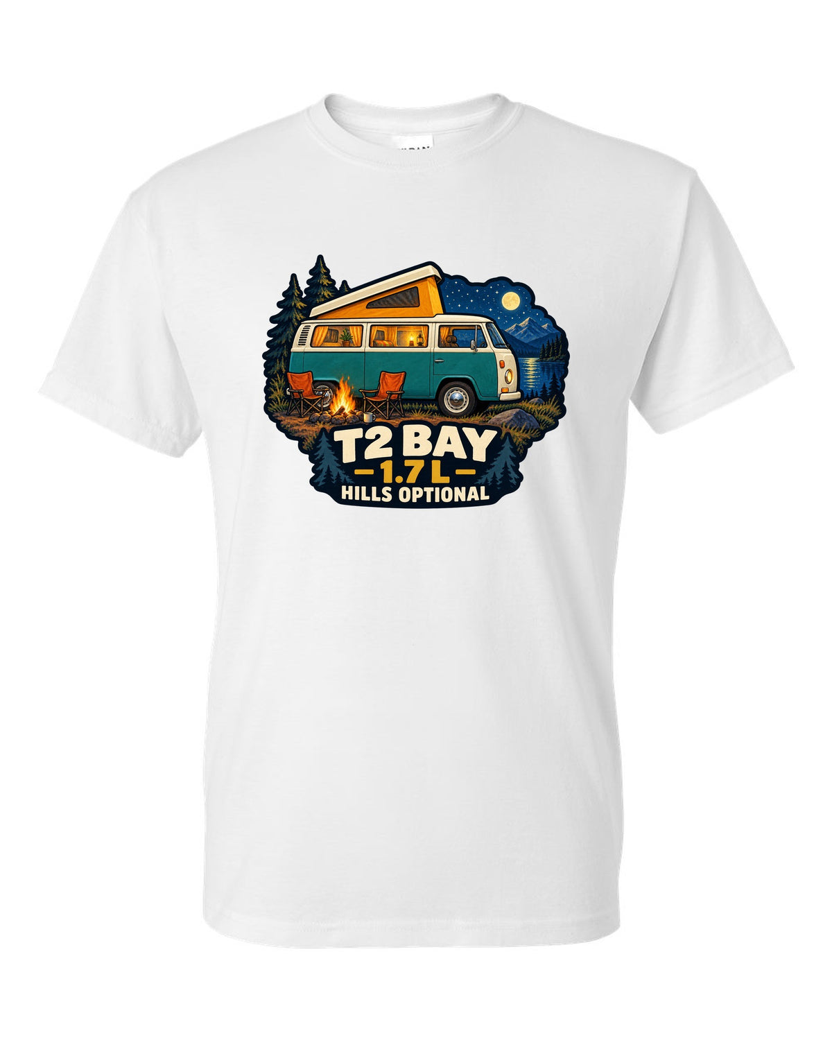 1972 VW Bus T2 Bay Window at a night camp painted in gouache white t-shirt front view with the design