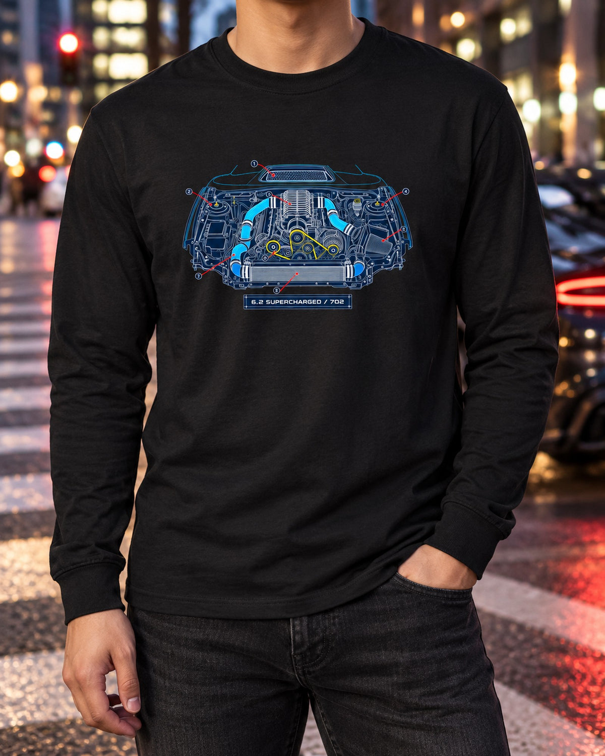 Ram 1500 TRX Supercharged Engine Bay Blueprint Shirt Long Sleeve Black worn hero