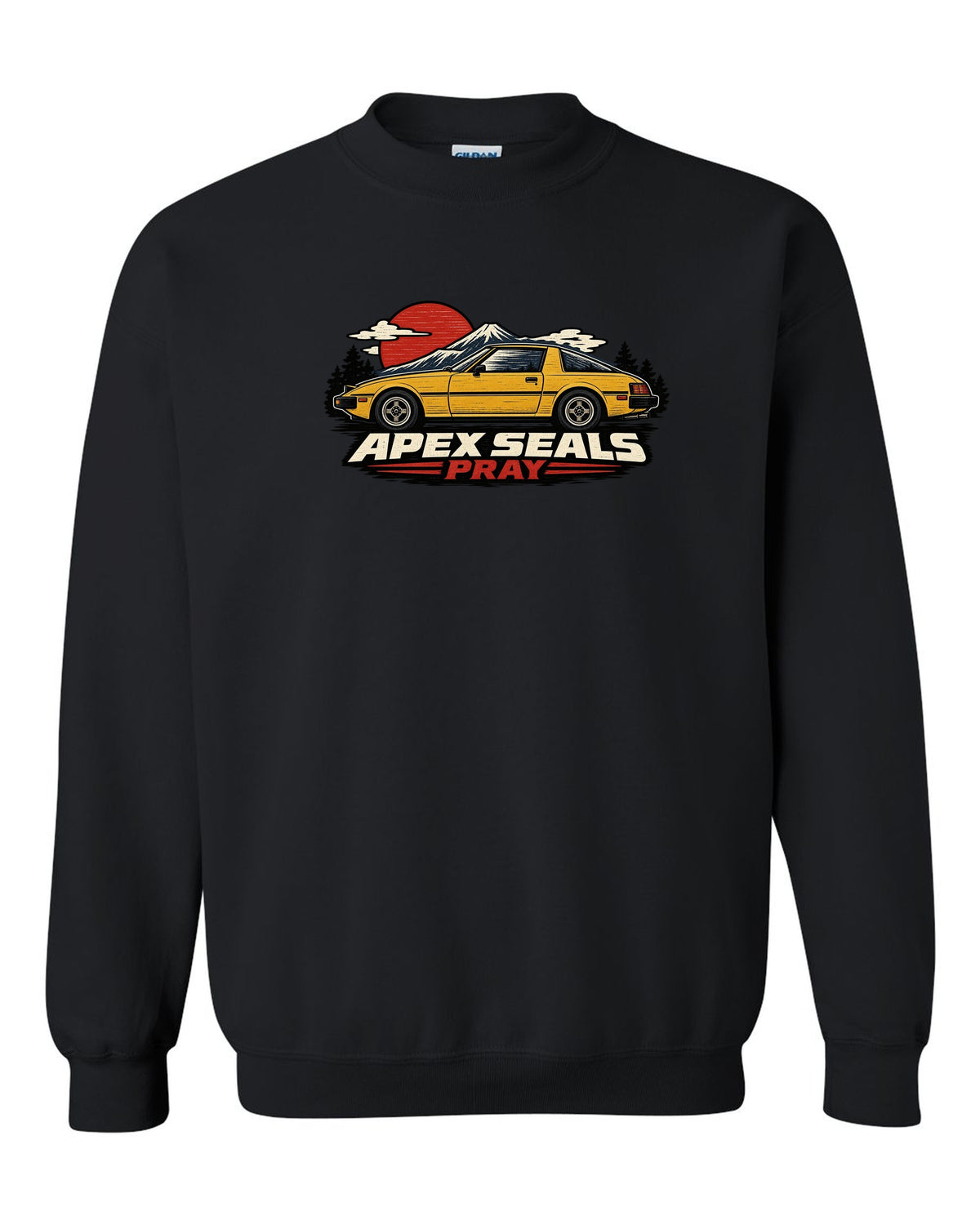 Mazda RX-7 SA22C Linocut Side Profile black crewneck front view with the design