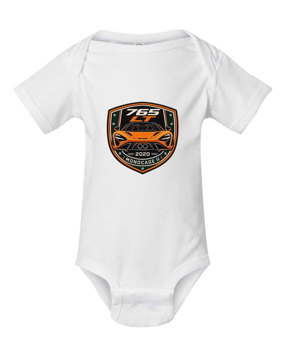 Embroidery varsity crest print for the McLaren 765LT with 765 LT 2020 Monocage II lettering white baby onesie front view with the design