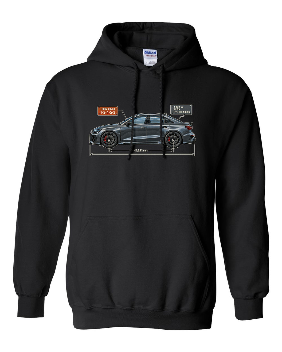 Blueprint of the Audi RS3 8Y sedan with 1-2-4-5-3 firing order black pull over hoodie front view with the design
