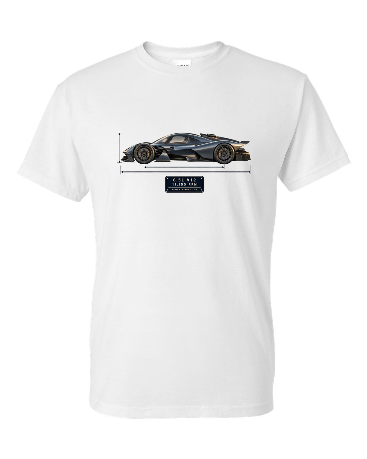 Aston Martin Valkyrie 2021 blueprint print with 6.5L V12 and 11,100 rpm lettering white t-shirt front view with the design