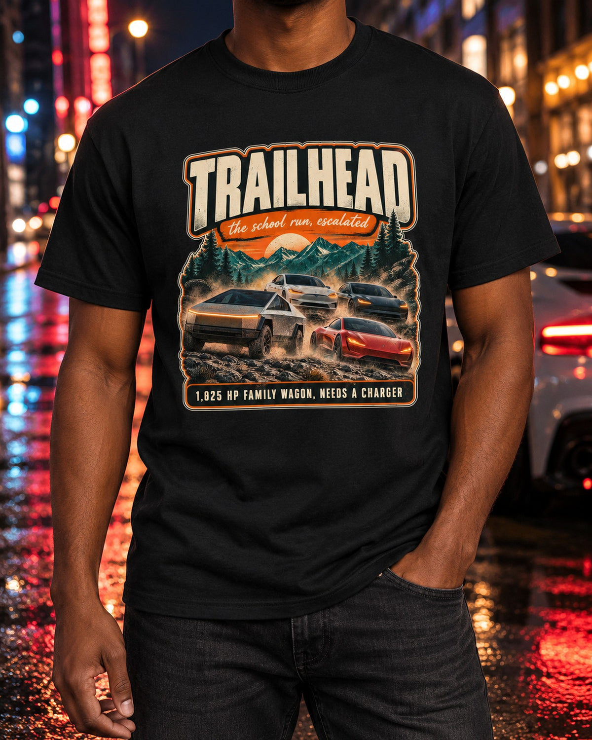 Rivian R1S Trailhead Street Poster Shirt, Family Wagon Print T-Shirt Black worn hero