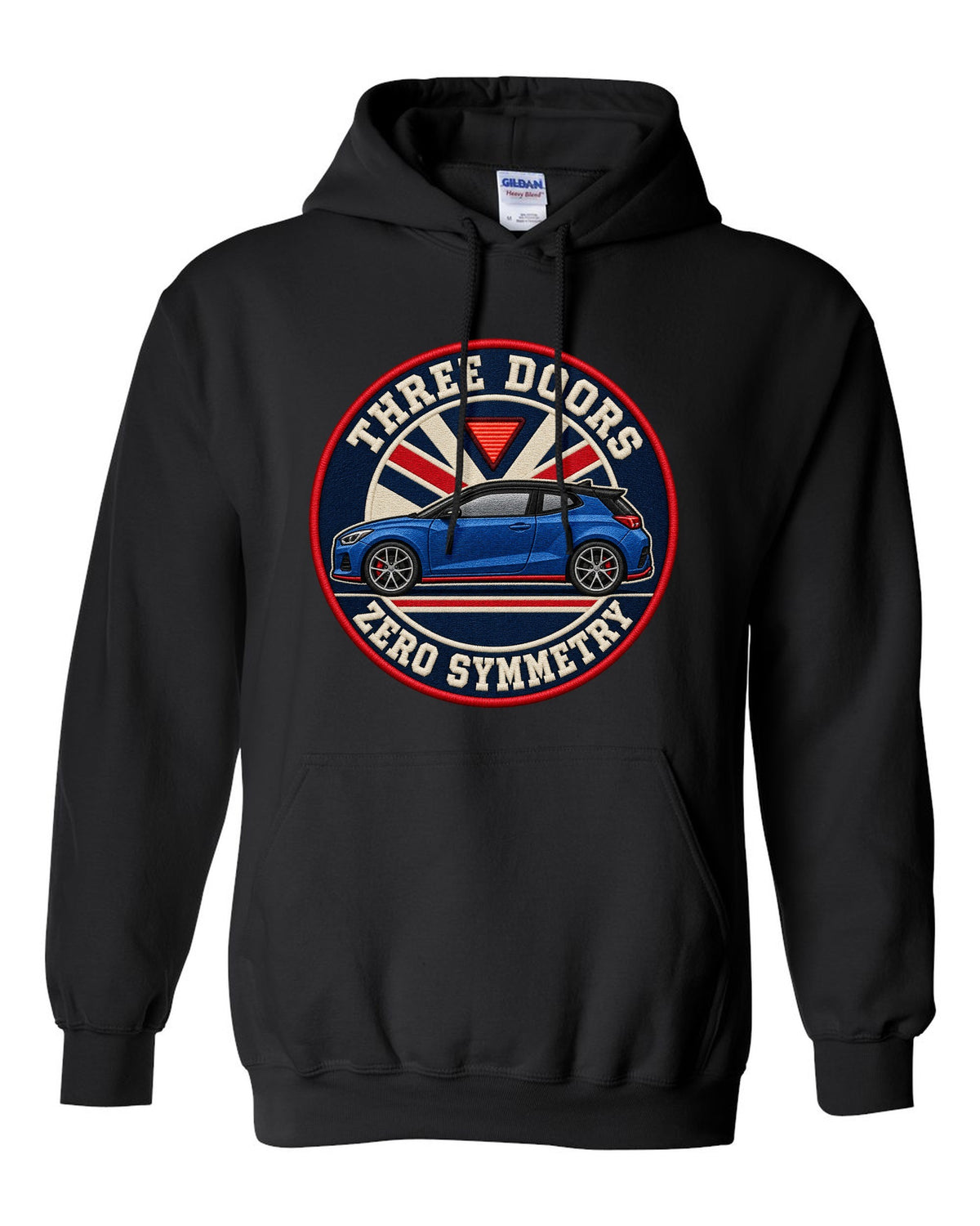 Embroidery varsity crest print for a Hyundai Veloster N JS with three doors zero symmetry text black pull over hoodie front view with the design