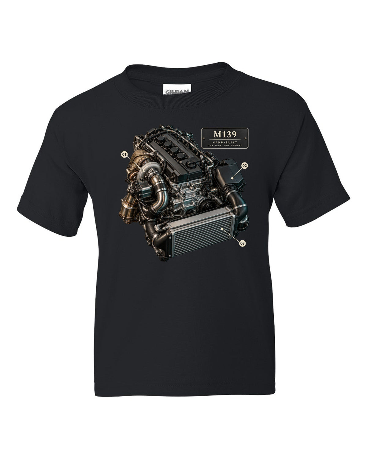 Mercedes-AMG C63 S E Performance W206 M139 engine illustration black kids tee front view with the design
