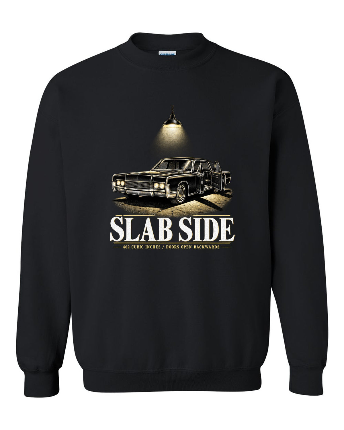 print of a 1966 Lincoln Continental fourth generation parked in a night garage black crewneck front view with the design