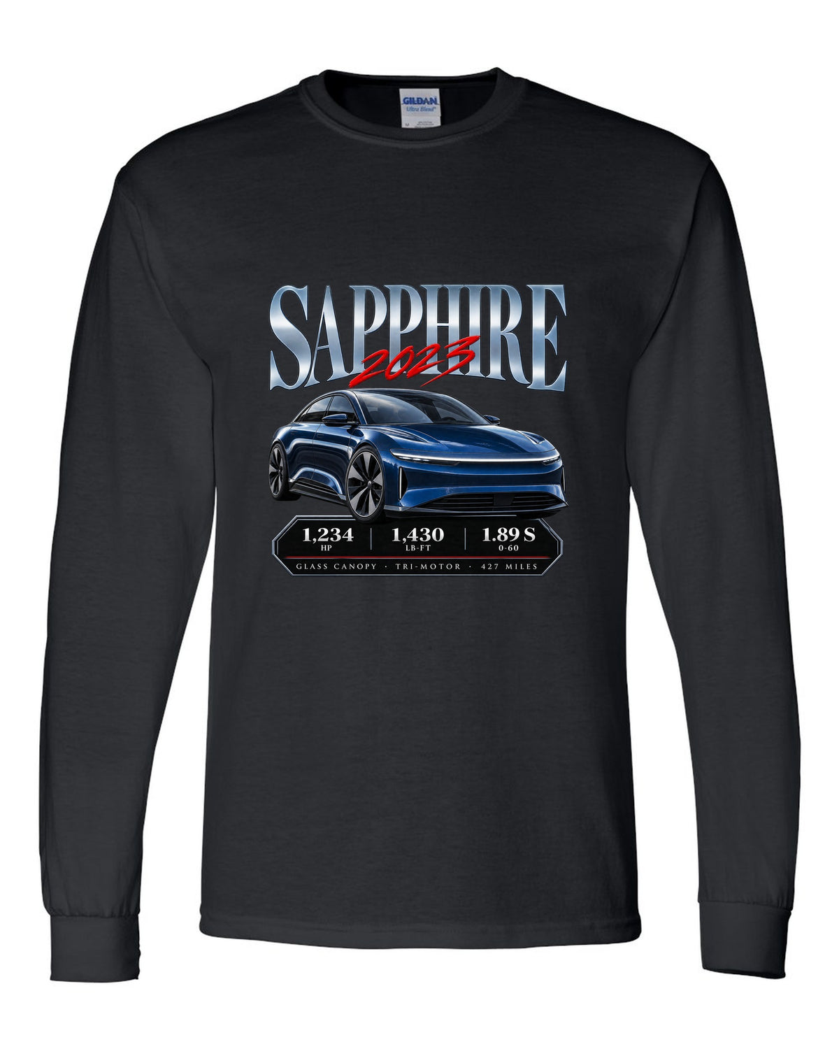 Archive panel print of a 2023 Lucid Air Sapphire with horsepower and range figures black long sleeve front view with the design