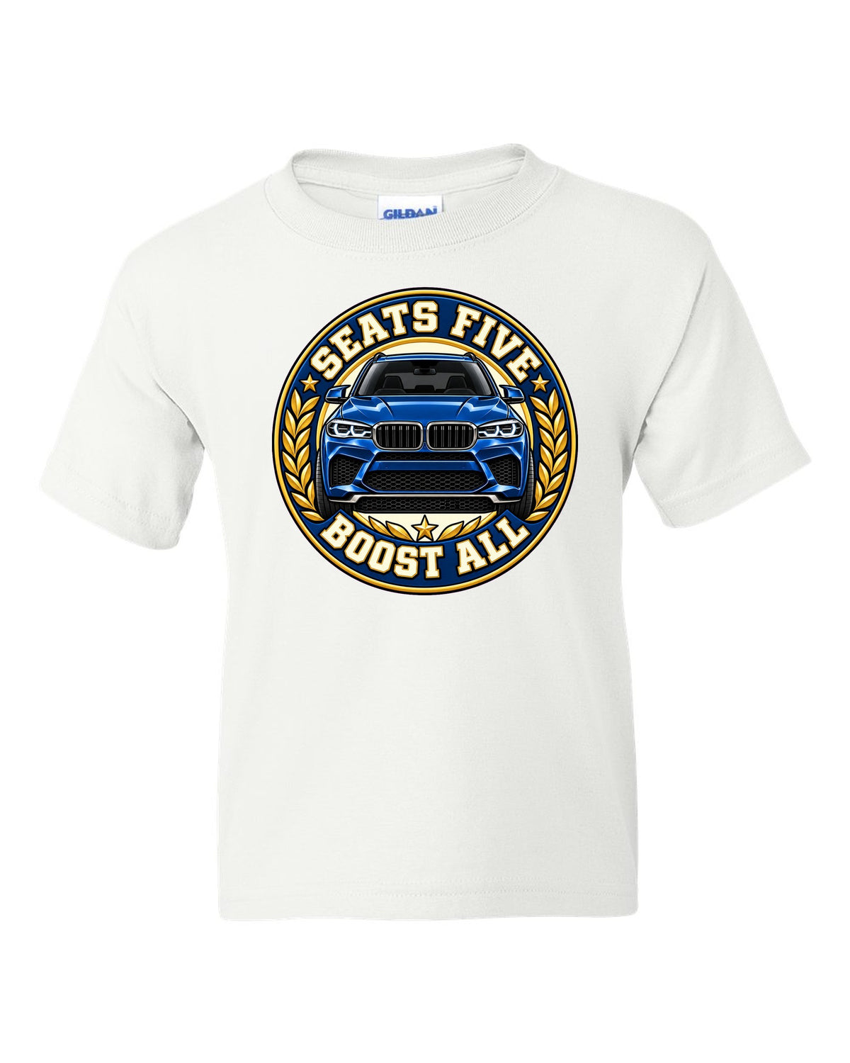 Embroidery-style varsity crest print for the BMW X5 M F85 white kids tee front view with the design