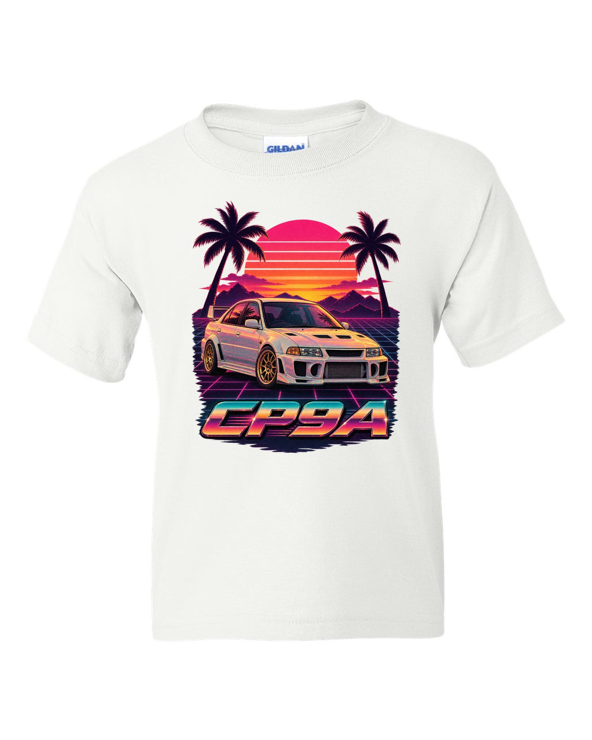 Synthwave sunset poster of a Mitsubishi Lancer Evolution V CP9A with palm trees white kids tee front view with the design