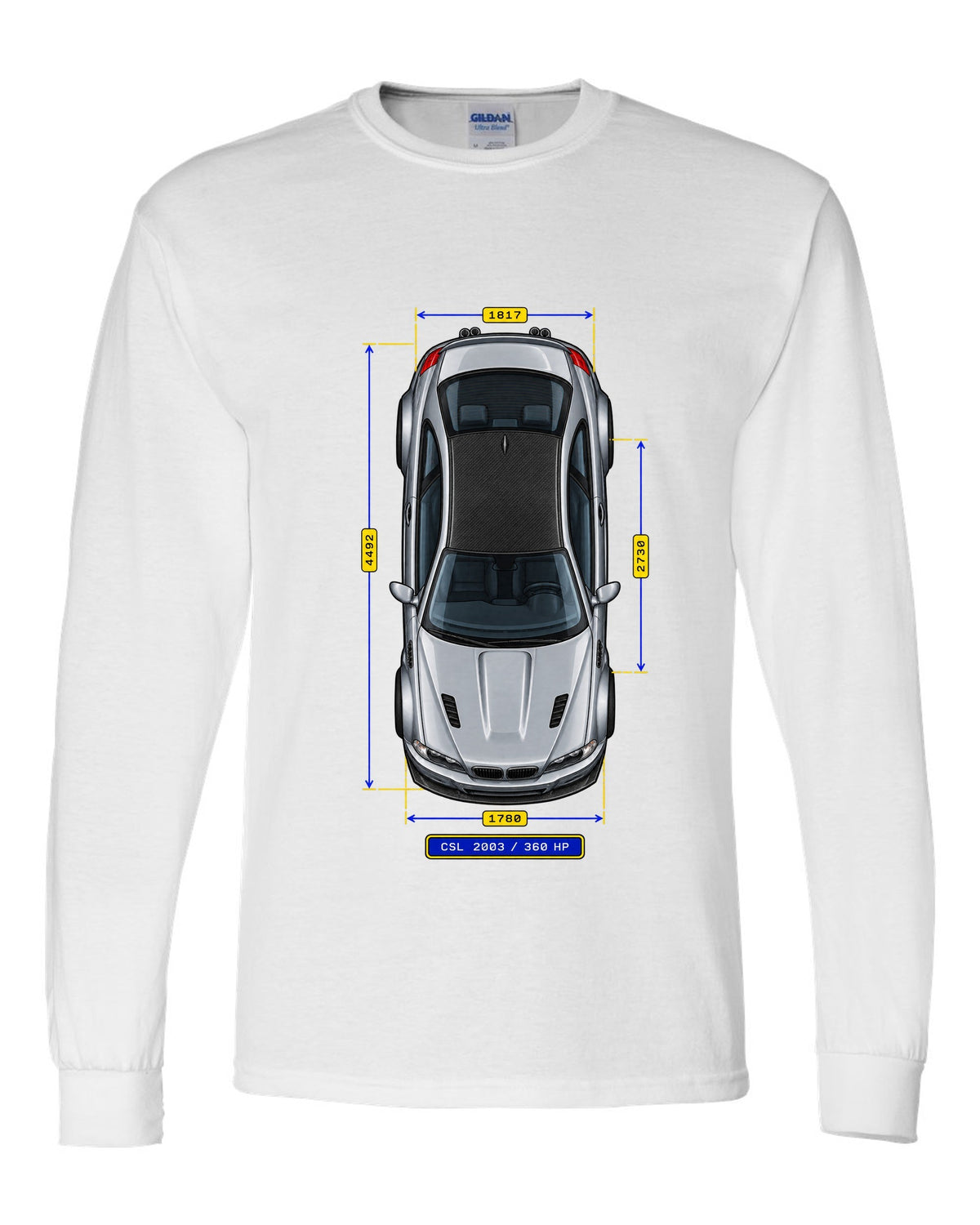Spec-sheet data plate schematic of a BMW E46 M3 CSL 2003 with carbon roof and 360 HP white long sleeve front view with the design