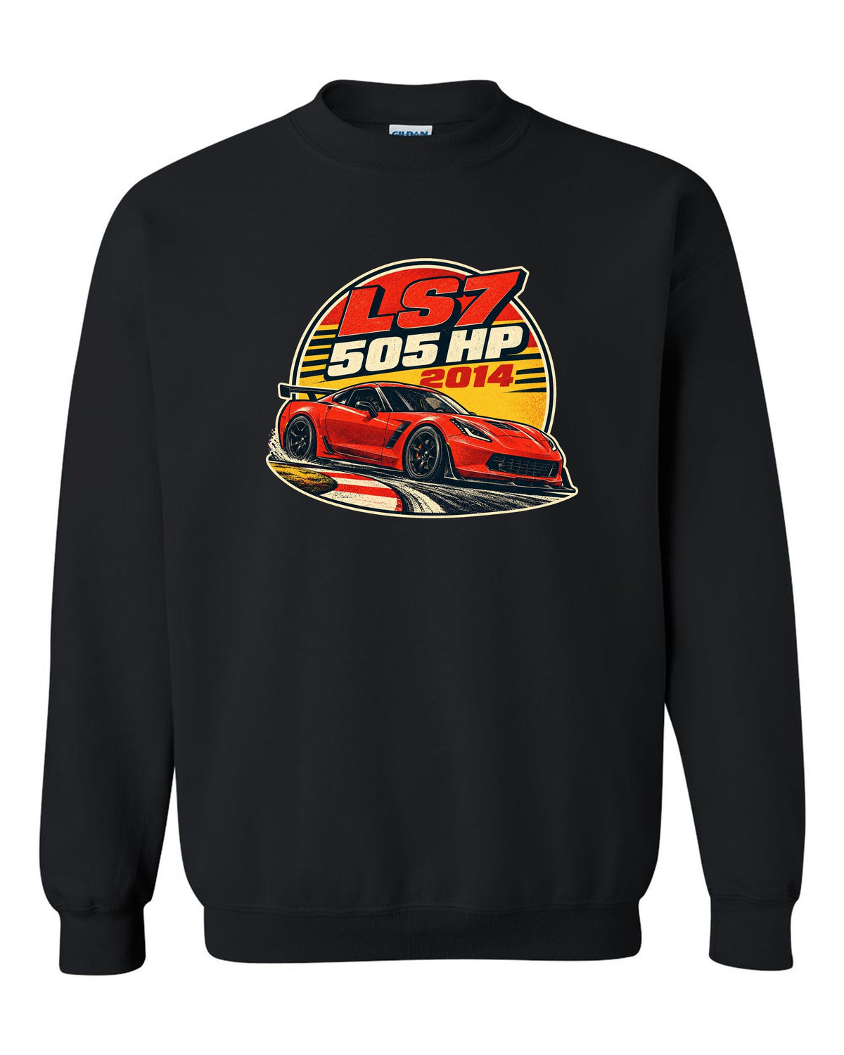 2014 Chevrolet Camaro Z/28 LS7 vintage race poster print with 505 HP text black crewneck front view with the design